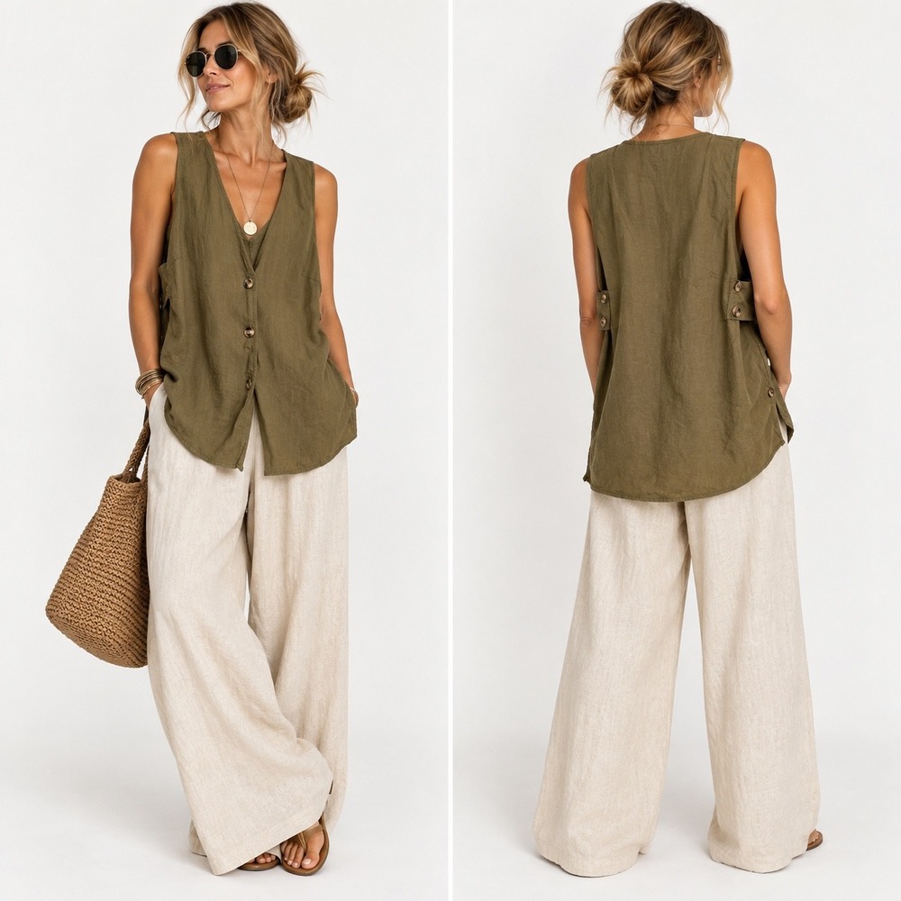 By Frankie Boho Linen Vest Top Womens Size M Olive Green Sleeveless Button Up